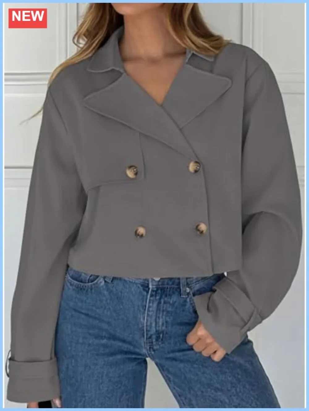 Cropped Trench Coat Women Short Double Breasted Jacket Cotton Blend